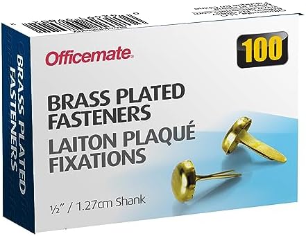 Officemate Round Head Brass Plated Fasteners, 0.5 Inch Shank, 100/Box (99802)