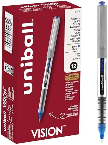 uni-ball uniball Vision Rollerball Pens with 0.7mm Fine Point, Blue, 12 Count