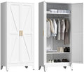 Washsemba 71'' Farmhouse Metal Wardrobe Cabinet with Hanging Rod, 2 Barn Door Wardrobe Closet with 2 Adjustable Shelves,for Dining Room,Bedroom,Living Room, Cloak Room,Office (White)