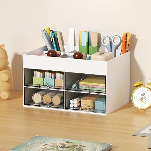 Marbrasse Pen Organizer with 4 Drawer, Multi-Functional Pencil Holder for Desk, Desk Organizers and Accessories with 4 Compartments + Drawer for Office Art Supplies (White)