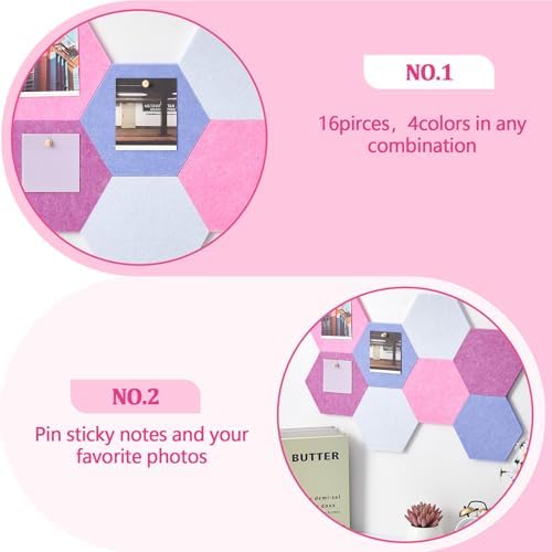 6.7 x 5.9 in 16 Pcs Hexagon Cork Board Tiles, Felt Pin Boards, Pink