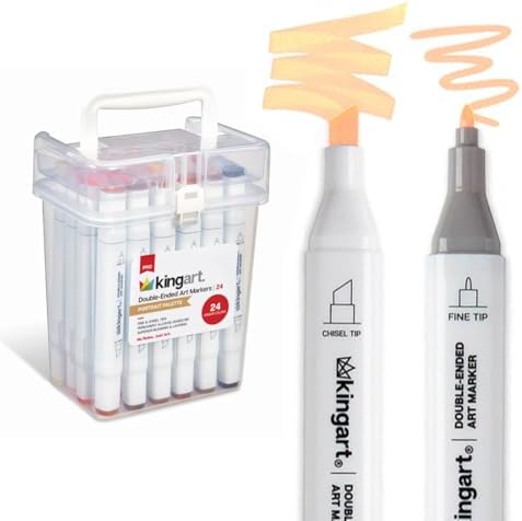 KINGART PRO Double-Ended Alcohol Ink Art Markers, 24 PORTRAIT Colors, Fine Point & Chisel Tips, Permanent with Superior Blendability, Includes Plastic Case, 24 Pc.
