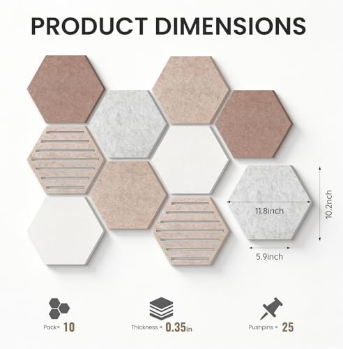 Hexagon Cork Bulletin Board Tiles, 10 Pack Felt Board with 25 Push Pins, Photo Display Board for Office & Home Classroom Wall Decor, 11.8x10.2 Inches