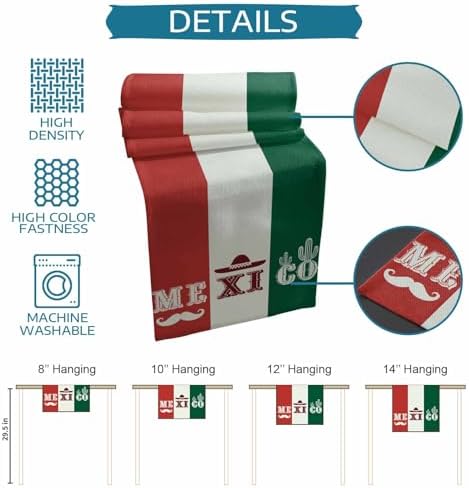 Mexico Flag Table Runner Dresser Scarf 13 x 36 Inch Green Red Color Cactus Hat Striped Modern Table Runners Non-Slip Heat Resistant Kitchen Dining Table Decor for Home Holidays Indoor Outdoor