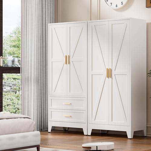 Washsemba 71'' Farmhouse Metal Wardrobe Cabinet with Hanging Rod, 2 Barn Door Wardrobe Closet with 2 Adjustable Shelves,for Dining Room,Bedroom,Living Room, Cloak Room,Office (White)