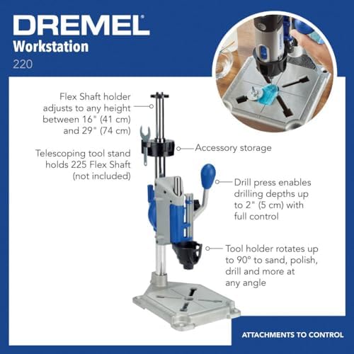 Dremel Drill Press Rotary Tool Workstation Stand with Wrench - Mini Portable Press & Tool Holder - 2-Inch Depth - Ideal for Drilling Perpendicular and Angled Holes - 220-01