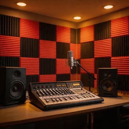 96 Pack Allxinlog Absorb the Echo Acoustic Foam Panel Wedge Studio Soundproofing Wall Tiles 12" X 12" X 1" (Accompanied By Double-Sided Adhesive Tape)(48RED+48BLACK)