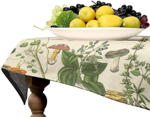 Vintage Botanical Tablecloth, Antique 1900s Mushroom Boho Wildflower Green Herbs Ferns Farmhouse Table Cover for Party Picnic Dinner Decor 60x110in