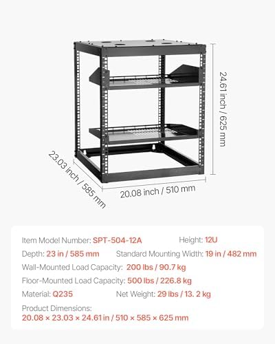 VEVOR 12U Server Rack, Open Frame Network Rack for IT & AV Gear, Floor Standing or Wall Mounted,with 2PCS 1U Rack Shelves & Mounting Hardware, AV Rack for 19" Networking,Audio and Video Device