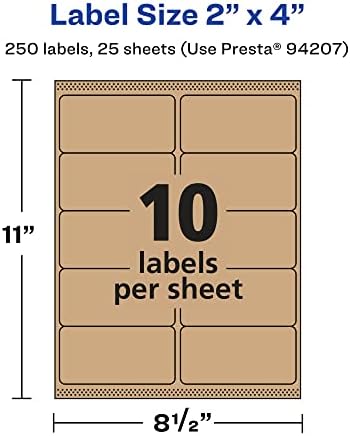 Avery® Kraft Brown Rectangle Labels, Sure Feed® Technology, 2" x 4", 250 Kraft Brown Labels, Laser/Inkjet Printable