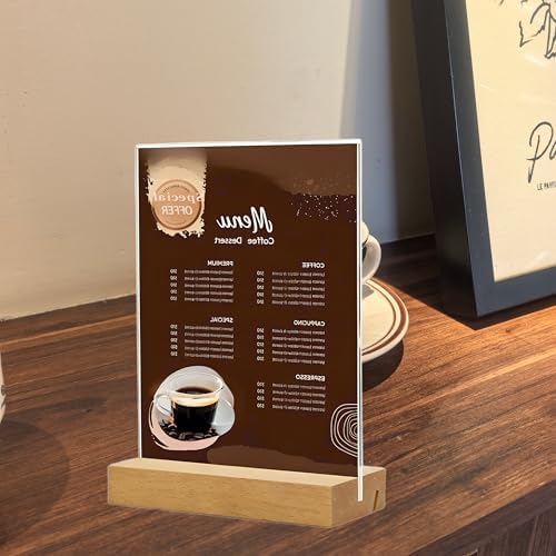 TONICE 8.5 x 11 Acrylic Sign Holder with Wood Base 3 Pack L/T Shape Vertical or Slant Back Display for Wedding, Restaurant, Store, Office, Hotel