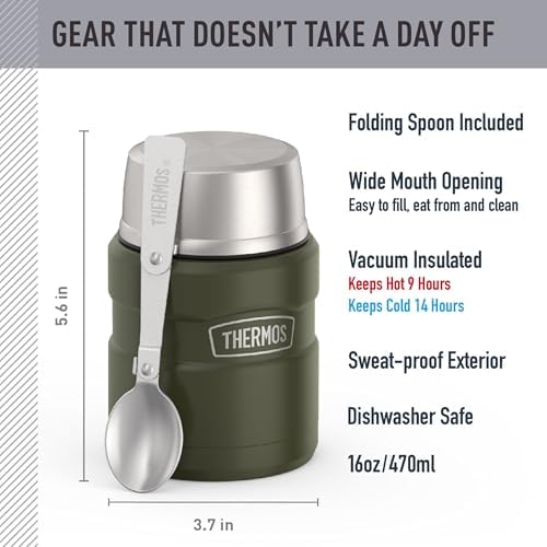 THERMOS Stainless King Food Jar with Spoon, 16oz, Matte Army Green