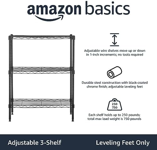 Amazon Basics 3-Shelf Adjustable Heavy Duty Steel Wire Rack Storage Shelving Organizer with Storage Space, Versatility and Ease of Use for Kitchen, Garage, 23.2" L x 13.4" W x 30" H, Black