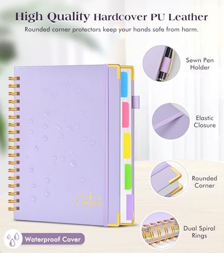 Spiral Notebook Journal with Removable Dividers Tabs, 300 Pages Hardcover Leather 5 Subject College Ruled Notebook, 6.1"x8.2" Large A5 Lined Journal for Women, Spiral Notebook for Work School, Purple