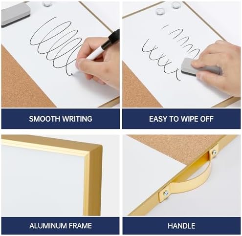TSJ OFFICE Small Combination Board - 12" X 16" Portable Aluminum Gold Framed Magnetic Dry Erase Board for Wall, Small Bulletin Cork Board with Holder for Office, Home and School