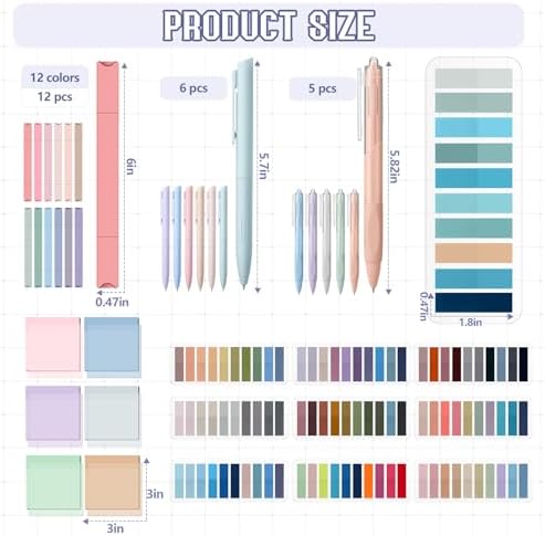 135 Pcs Book Annotation Kit Aesthetic Pencil Case Bag 12 Highlighter 11 Gel Pen 1 Marker 300 Sheet Transparent Sticky Notes Pad 2640 Index Stickers Bible Study Supplies(Kawaii,Black)
