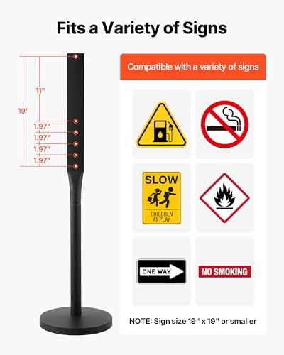 VEVOR Portable Sign Post, 2-Pack, 4 ft Tall, Metal Sign Stands with Heavy Duty Cast Iron Base, Multi-Hole Design for Easy Installation, Wind-Resistant, for Indoor and Outdoor Parking, Warning, Notice