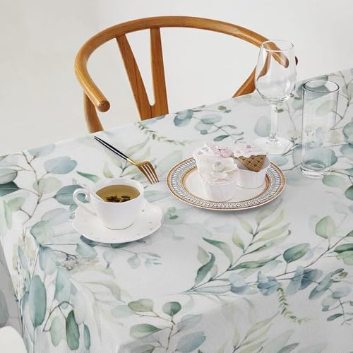Green Eucalyptus Tablecloth, Watercolor Floral Spring Botanical Plants Herb Sage Print Table Cover for Home Kitchen Dining Table Party Camping Decor 55x75in