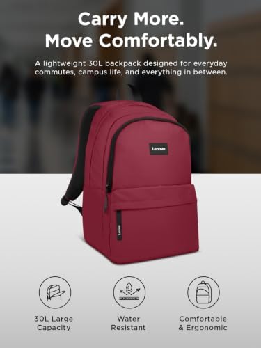 Lenovo 16-inch Commuter Backpack B10, Lightweight 30L Laptop Backpack, Water-Resistant Travel Bag with 6 Storage Compartments, Anti-Theft Pocket & Luggage Strap, Fits Up to 16" Laptop, Burgundy