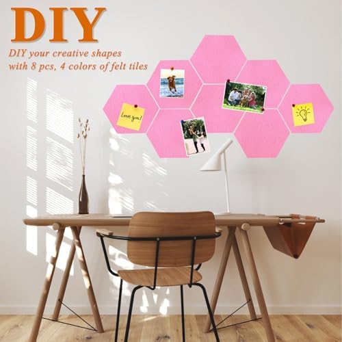 8 Pcs Hexagon Felt Cork Bulletin Board Tiles, Self Adhesive DIY Bulletin Board Pin Board for Office School Home Wall Decor Memos Photos Display(Bright Pink)