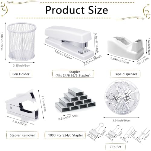 Office Supplies,Desk Accessories, Stapler and Tape Dispenser Set for Women with Stapler, Tape Dispenser, Staple Remover, Staples, Clips, Scissor and Tabs,Gift for Students, Coworkers