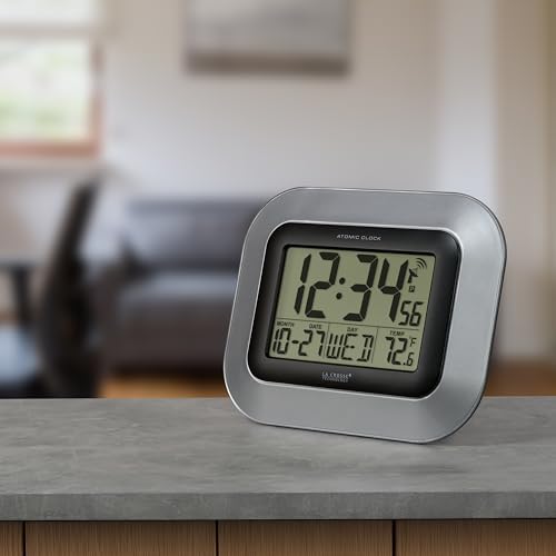 La Crosse Technology WT-8005U-S Atomic Digital Wall Clock with Indoor Temperature, Silver