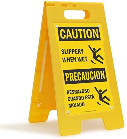SmartSign - SF-0193-FB-25x12 "Caution - Slippery When Wet" Bilingual Folding Floor Sign | 25" x 12" Plastic Black on Yellow