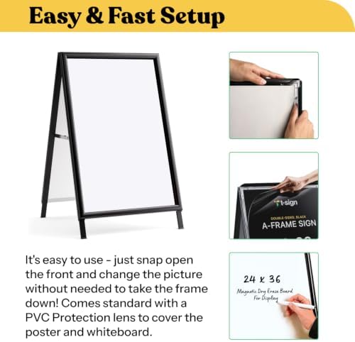 T-SIGN Sidewalk Sign for Indoor & Outdoor Sign - Open Aluminum A Frame Sign Poster Board 24x36 Inches, White Dry Erase Surface - Heavy Duty Double Sided Sandwich Board, Street Advertising Sign Board
