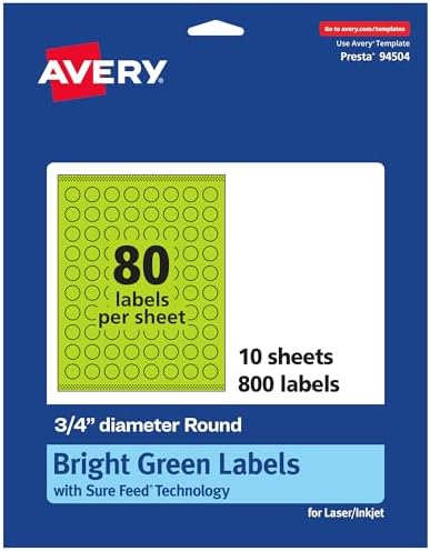 Avery® Printable Round Labels, Sure Feed® Technology, 3/4" Diameter, Bright Green Labels, Print-to-the-Edge, Laser/Inkjet, 800 Total, Great for Price Stickers and Mailing Seals