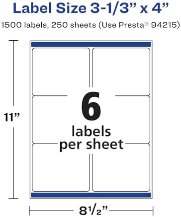 Avery® Matte White Rectangle Labels, Sure Feed® Technology, 3-1/3" x 4", 1,500 Matte White Printable Labels