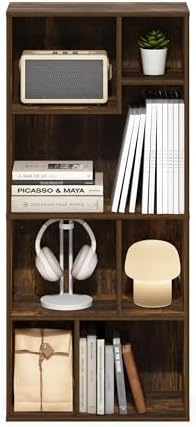 Furinno DALY Book Shelf, 7-Cube Bookshelf, Cube Storage Organizer Bookcase with Irregular Compartments, 9.4 x 18.9 x 42.1, for Living Room, Bedroom, Home Office, Amber Pine