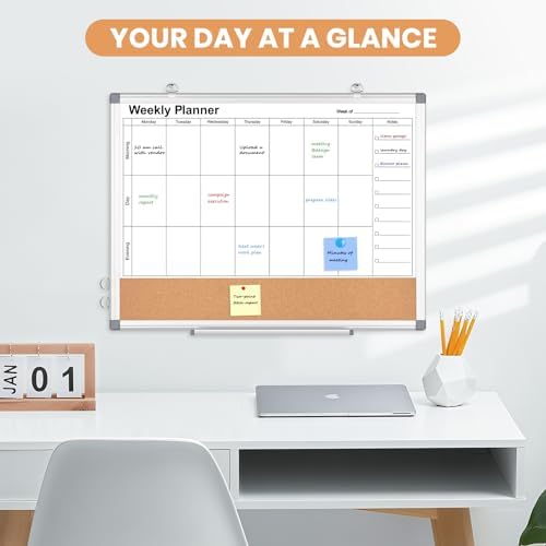 Weekly Dry Erase Calendar Whiteboard for Wall, 24" x 18" Cork Week Planner