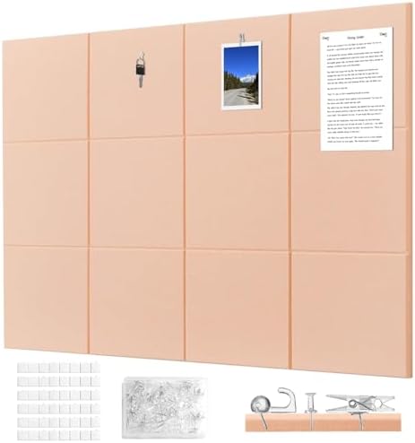 Felt Wall Tiles Bulletin Board Large Cork Board Alternative 12 Pack 11.81”x11.81”x0.47” Felt Pin Board Tack Board with Safe Removable Adhesive Tabs for Home Office School 48x36(Light Pink)