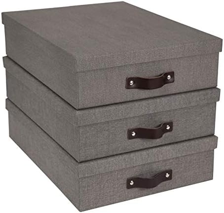 Bigso Oskar Canvas Fiberboard Document Letter Box - File Organizer Box for Important Paperwork - Document Storage with a Lid & Leather Handle - 3.3 in x 10.2 in x 13.8 in - Gray
