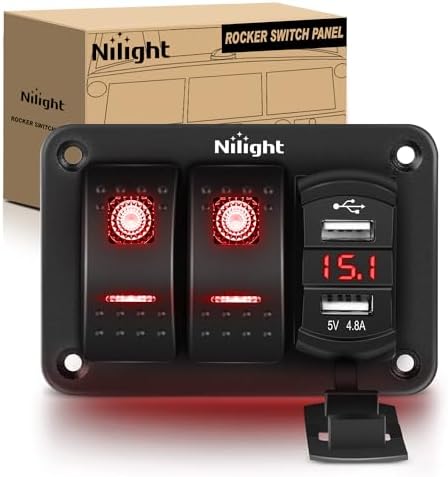 Nilight 2 Gang Rocker Switch Panel with Dual USB Socket Voltmeter