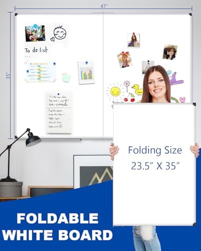 XBoard Magnetic Dry Erase Board 48 x 36 Inch, 4' x 3' Foldable White Board for Wall with Marker Tray, Silver Aluminum Frame Folding Message Presentation Board