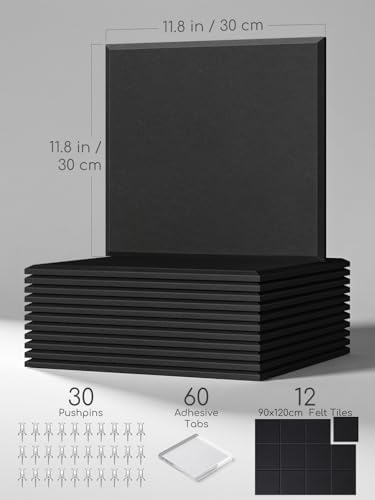 Thick Felt Pin Board Tiles 12 Pack, 11.8x11.8 Bulletin Board for Wall