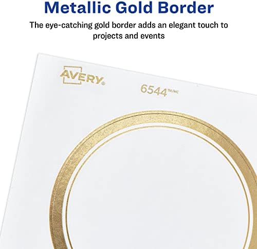 Avery Matte White Labels, Metallic Gold Borders, 3" Round Labels, 60 Total, Laser/Inkjet Printable (6544)