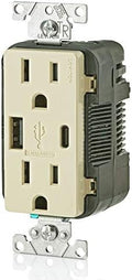 Leviton T5633-I Type A & Type-C USB in-Wall Charger with 15A Tamper-Resistant Outlet, USB Charger for Smartphones and Tablets. Not for Laptops, Ivory