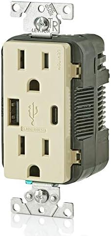Leviton T5633-I Type A & Type-C USB in-Wall Charger with 15A Tamper-Resistant Outlet, USB Charger for Smartphones and Tablets. Not for Laptops, Ivory