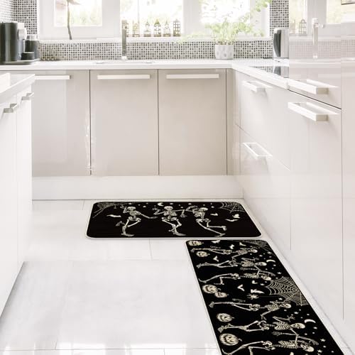 JarThenaAMCS Halloween Skeleton Kitchen Mats Spider Pumpkin Bat Welcome Floor Mat Non-Slip Black Door Rugs for Indoor Outdoor Bathroom, 17 x 29 Inch & 17 x 47 Inch