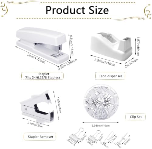 Office Supplies,White Desk Accessories,Stapler and Tape Dispenser Set for Women with Stapler,Tape Dispenser,Staple Remover,Staples,Clips,Scissors and Tabs,Gift for Students,Coworkers,Teacher,Business