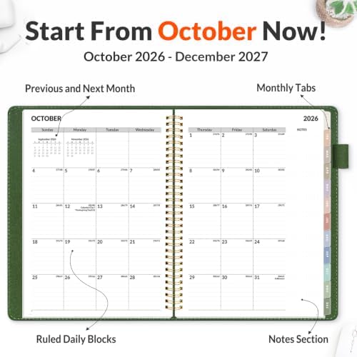 SUNEE 2027 Weekly & Monthly Planner 9"x11.2"- 12 Month (January 2027 - December 2027), Vegan Leather Cover, Pocket, Bookmark, Notes, Monthly Tab, Deep Green