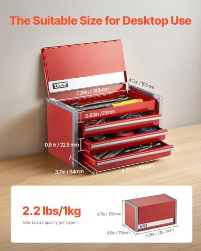 VEVOR Metal Tool Box, 8.6-inch, Portable Metal Tool Box with 3 Drawers, Small Tool Chest with EVA Liners and PP Feet Pads, Heavy-Duty Steel With Ball Bearing Opening and Powder Coated Finish, Red