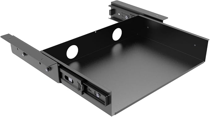 13 inch Under Desk Slide Out Storage Shelf with Cable Managment | Steel Sliding Under Desk Tray Drawer for Standing Desks, Workstations, Cabinet or Gaming