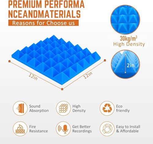Blue Pyramid Sound Proof Foam Panels for Walls 2"×12"×12" High-Density 24Pack Soundproof Panels Acoustic Foam Panel Noise Absorbing for Studio Soundproofing