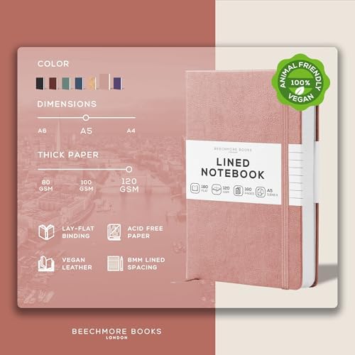 BEECHMORE BOOKS Premium Lined Leather Journal for Men & Women, 5" x 8" (A5) Thick 120gsm Ivory Cream Paper Notebook, Hardcover Vegan Leather Personal Diary, With Gift Box (Rose Wood) (Pack of 2)