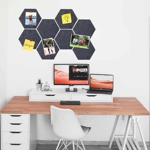 8 Pcs Hexagon Felt Cork Bulletin Board Tiles, Self Adhesive DIY Bulletin Board Pin Board for Office School Home Wall Decor Memos Photos Display(Deep Grey)