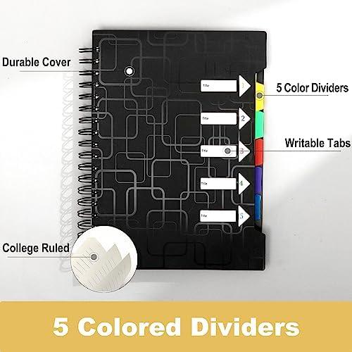 CAGIE 5 Subject Spiral Notebooks with Dividers College Ruled 8.5x11, 2 Pack