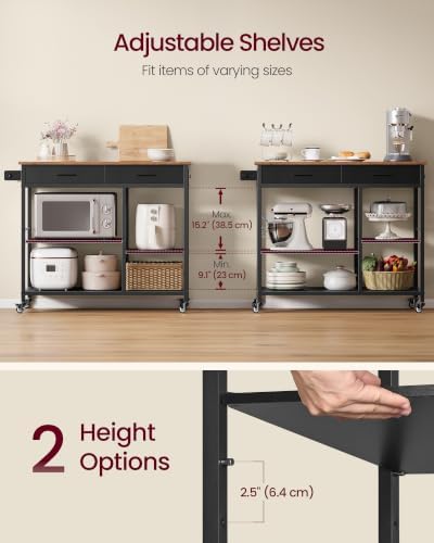 VASAGLE Kitchen Island Cart with Storage, 2 Drawers, Towel Rack | Rolling Kitchen Cart, Microcave Cart, for Kitchen, 38.8" Width, Rustic Brown and Ink Black, BARNET Collection UKKI010KD01